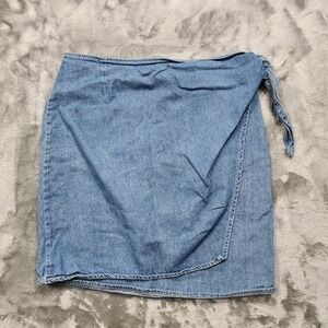 Vintage Daniel Caron Skirt Womens M Blue Denim Wrap Mini Tie Waist Casual Preppy